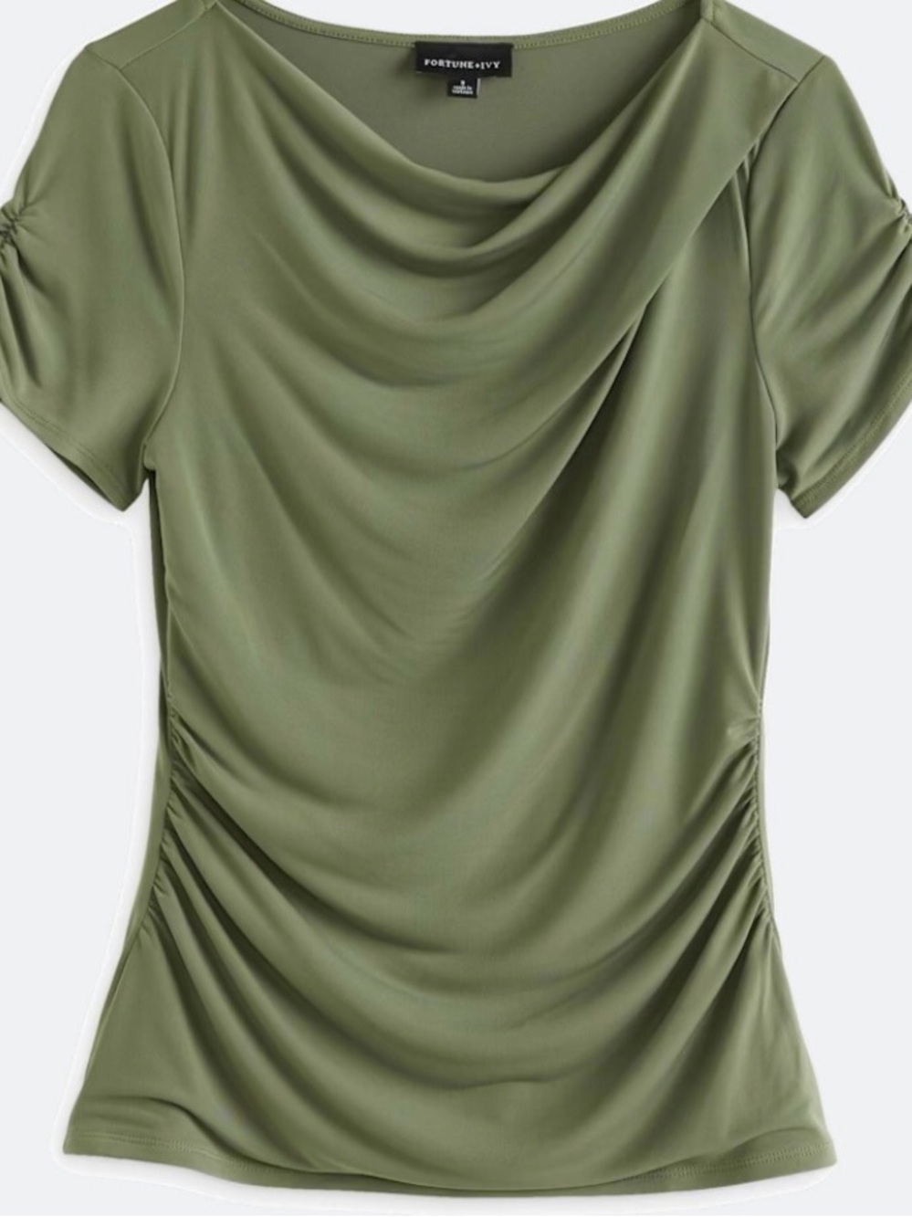 Fortune & Ivy Olive Cowl Neck Short Sleeve Tee with Side Ruching